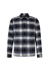 Kariertes Hemdjackett in einer Mischung aus Blau, Schwarz und Weiß. Hergestellt aus strukturiertem Stoff mit einer knöpfbaren Vorderseite und Kragen.