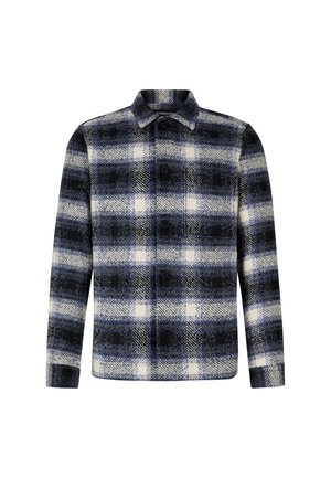 Plaid shirt jacket featuring a blend of blue, black, and white colors. Made from textured fabric with a button-up front and collar.