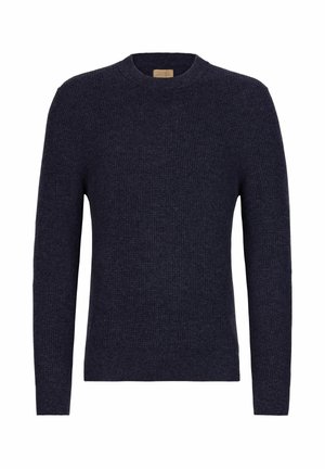 Mørkeblå sweater med rund hals, ribbet tekstur og lange ærmer. Fremstillet af blødt stof, har minimale syninger.