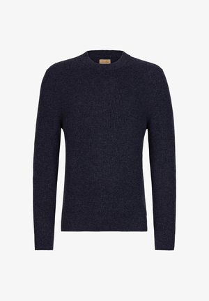 Mørkeblå sweater med rund hals, ribbet tekstur og lange ærmer. Fremstillet af blødt stof, har minimale syninger.