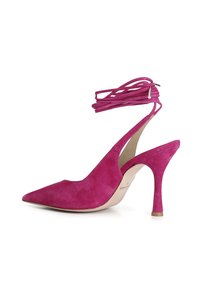 Pink suede high-heeled shoe with pointed toe, open back, and adjustable lace detail around the ankle. 10 cm stiletto heel.
