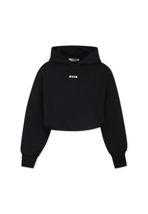 Hoodie cropped noir en tissu doux, avec une poche kangourou à l'avant, des manches larges et un grand logo "MSGM" blanc sur la poitrine.