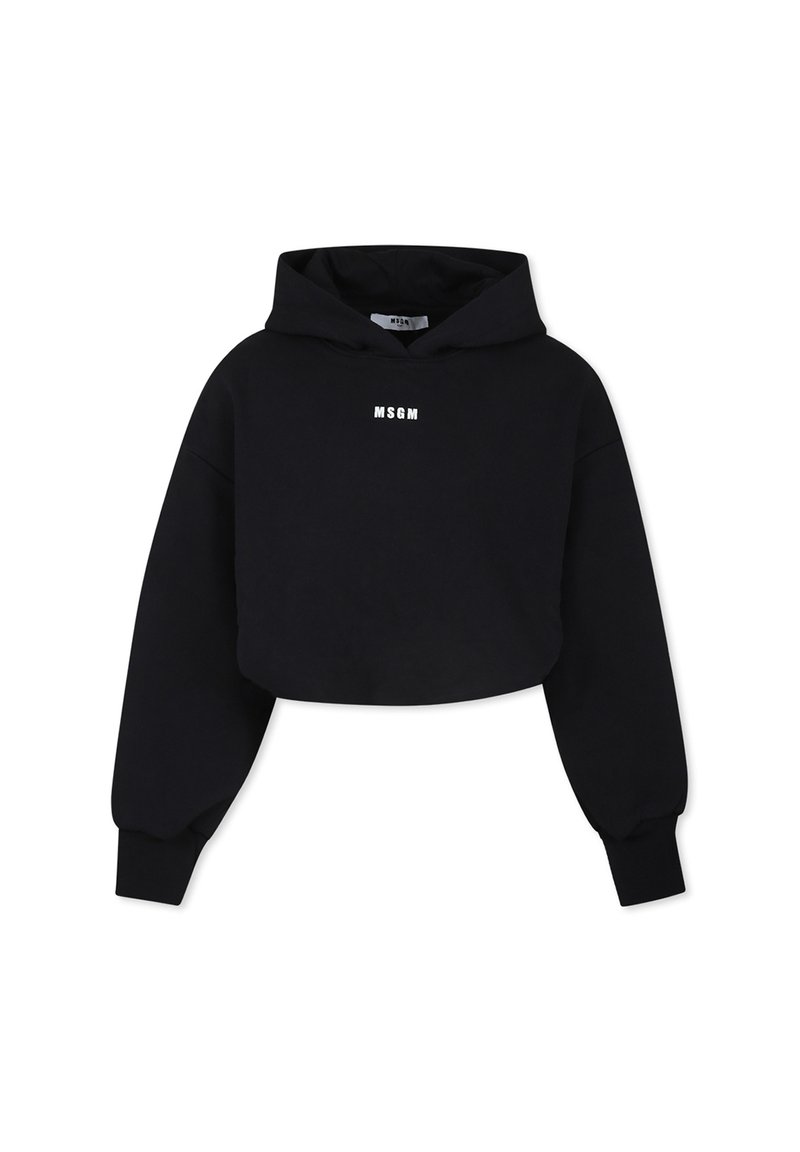 Zwarte cropped hoodie van zachte stof, met een voorzak in kangoeroestijl, grote mouwen en een wit "MSGM" logo op de borst.