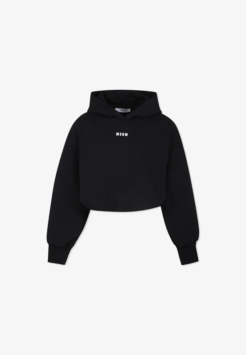 Hoodie corto nero realizzato in tessuto morbido, con tasca a marsupio frontale, maniche ampie e grande logo "MSGM" bianco sul petto.