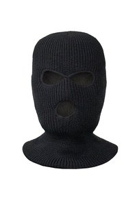 Black knitted balaclava with openings for eyes and mouth. Features a textured knit pattern and a full head coverage design.