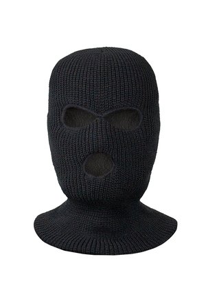 Black knitted balaclava with openings for eyes and mouth. Features a textured knit pattern and a full head coverage design.