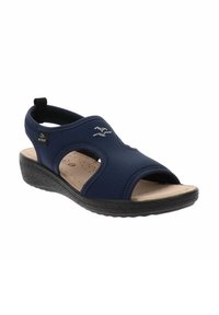 Sandalo blu navy con punta e tallone aperti, realizzato in materiale morbido. Presenta cinturini elastici e una soletta imbottita morbida; la suola in gomma offre trazione.