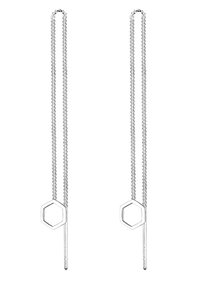 Sølvøreringe med en hexagonal accent og forlænget kædelignende design, der fremhæver en poleret metallisk finish og strømlinede linjer.