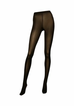 Collant neri trasparenti opachi esposti su una forma di gamba di manichino su sfondo bianco.