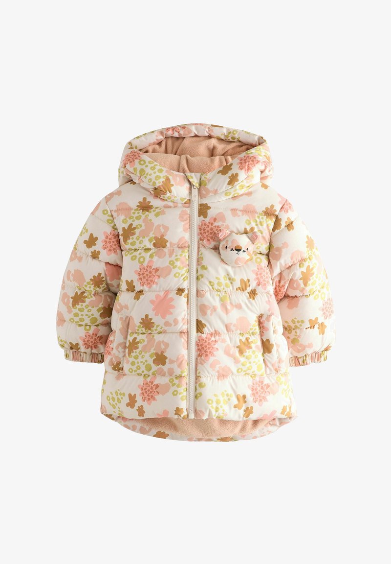Toddler donsjasje met capuchon in crème, roze, geel en bruin bloemenpatroon, ritssluiting aan de voorkant en klein knuffeldierengezicht op de borst.