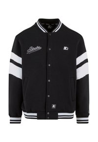 Black varsity jacket with white stripes, embroidered logo on chest, snap button closure, and ribbed cuffs and hem. Smooth fabric texture.