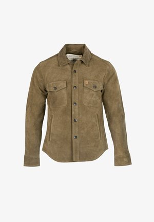 Wildlederjacke in Olivgrün mit Kragen, vorderer Knopfleiste, zwei Brusttaschen, Seitentaschen und dezenten Steppnähten.