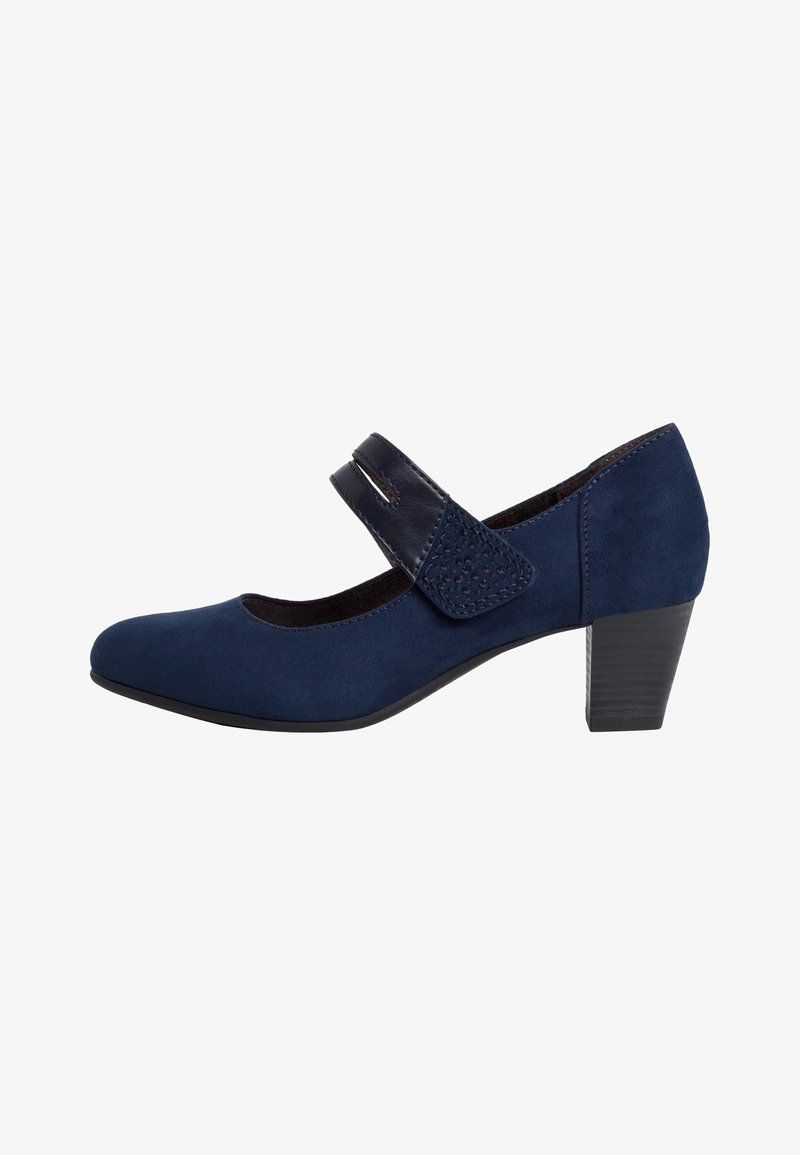 Chaussure Mary Jane en daim bleu marine avec petit talon bloc, bride en Velcro unique et bout arrondi.
