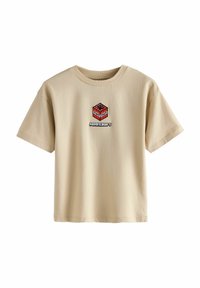 Beige Baumwoll-T-Shirt mit einem roten Blockgrafik und Minecraft-Branding. Kurze Ärmel, runder Halsausschnitt und ein lockerer Schnitt.