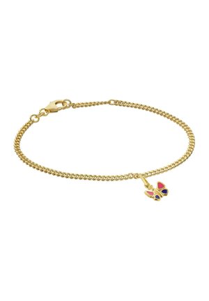 Gold chain bracelet with lobster clasp and small butterfly charm featuring pink and purple enamel details.