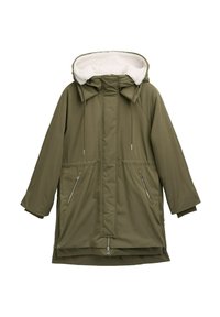 Giacca parka verde oliva con zip, cappuccio foderato in bianco morbido, due tasche frontali con zip e maniche svasate. Materiale resistente all'acqua.