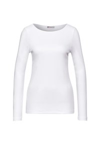 Langarm T-Shirt aus weißer Baumwolle mit rundem Ausschnitt und glatter Textur. Verfügt über minimale Nähte und ein Logetikett am Kragen.