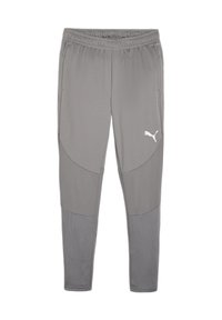 Grijze sportbroek met een elastische tailleband, zijzakken, textuur in de onderste delen en een wit Puma-logo op de dij.