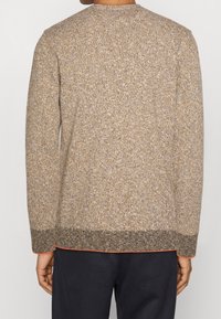 Brauner, gestrickter Pullover mit strukturiertem Muster, runden Halsausschnitt und kontrastierendem orangefarbenem Saum sowie an den Bündchen. Rückansicht gezeigt.