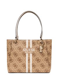 Tote bag in beige synthetic material with embossed logo pattern, white stripes, and gold-tone hardware. Features dual shoulder straps.
