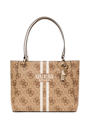 Tote bag in beige synthetic material with embossed logo pattern, white stripes, and gold-tone hardware. Features dual shoulder straps.