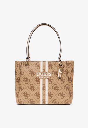 Torba typu tote w beżowym materiale syntetycznym z wytłoczonym wzorem logo, białymi paskami i złotym okuciem. Posiada podwójne ramiączka.