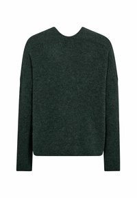 Donkergroene, gebreide trui met lange mouwen en een ronde hals. Zachte textuur en een relaxte pasvorm, achteraan zichtbaar met een minimalistisch ontwerp.
