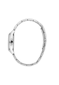 Orologio da polso in metallo argentato con quadrante rettangolare, bracciale a maglie e finitura elegante. Presenta una corona su un lato e una superficie lucida.