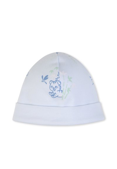 Bonnet bébé bleu clair avec illustrations d'un tigreau bleu et d'une libellule, et un revers plié.