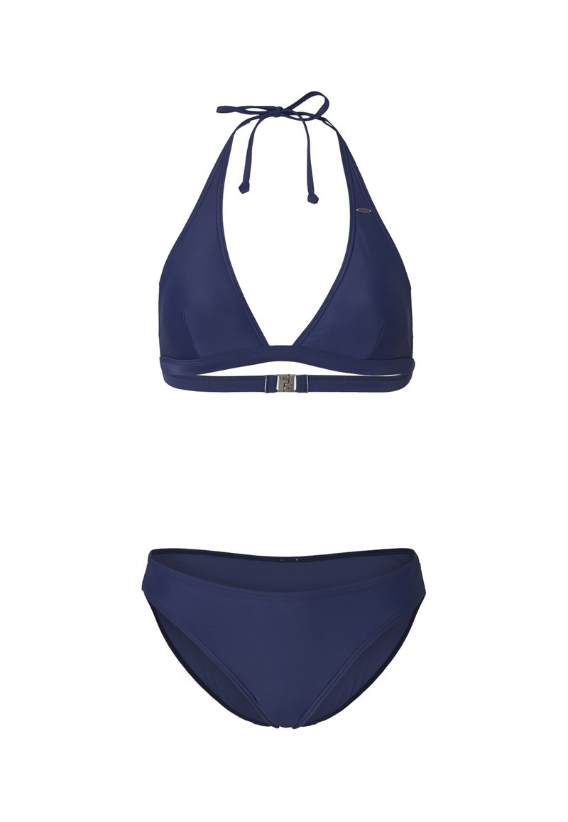 Costume da bagno blu navy composto da un reggiseno triangolare con laccetti e slip a vita media coordinati. Tessuto morbido e leggero con accenti minimi.