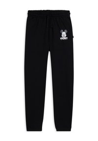 Pantalones deportivos negros con cintura elástica, decorados con un gráfico de Mickey Mouse en gris y texto. Tela suave, corte ajustado con puños elásticos.