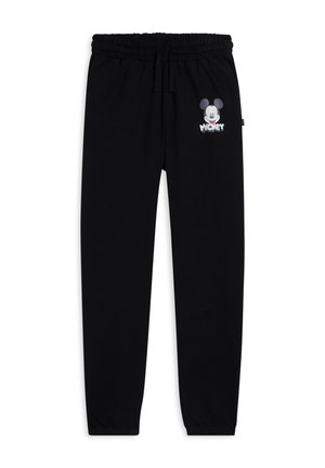 Pantaloni tuta neri con elastico in vita, con un grafico grigio di Topolino e testo. Tessuto liscio, vestibilità affusolata con polsini elasticizzati.