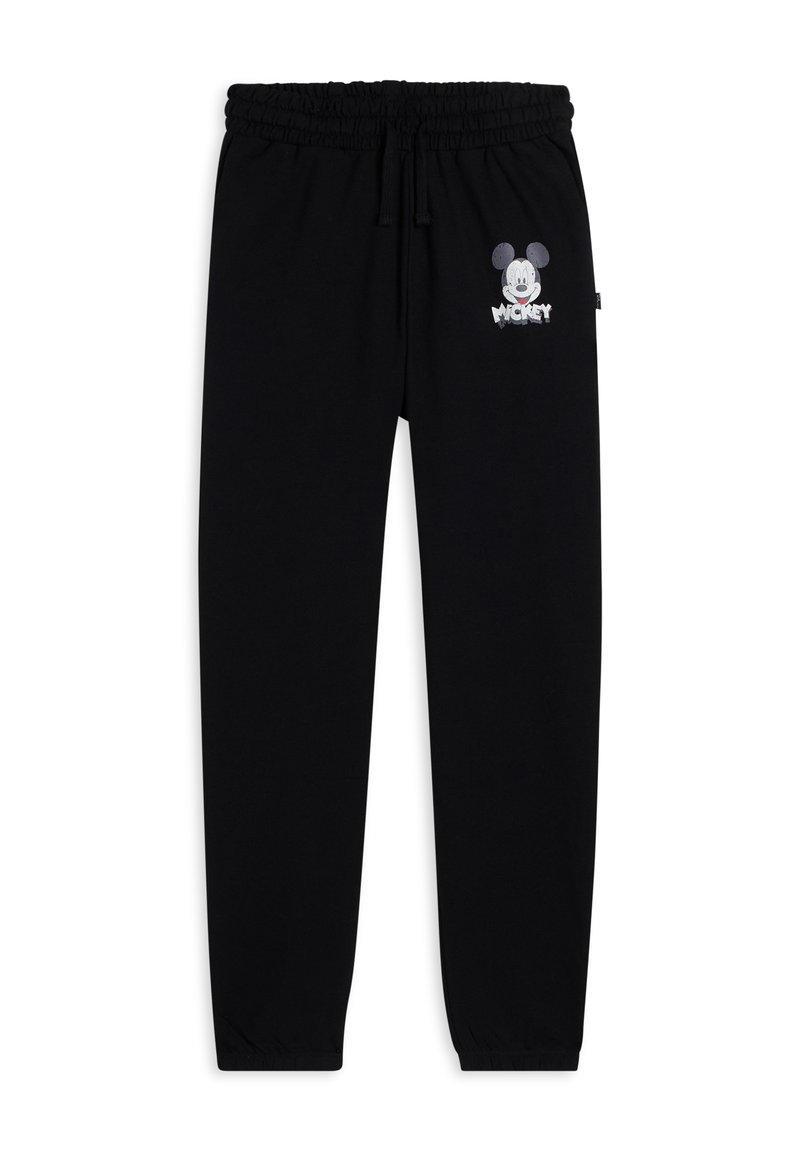 Pantalones deportivos negros con cintura elástica, decorados con un gráfico de Mickey Mouse en gris y texto. Tela suave, corte ajustado con puños elásticos.