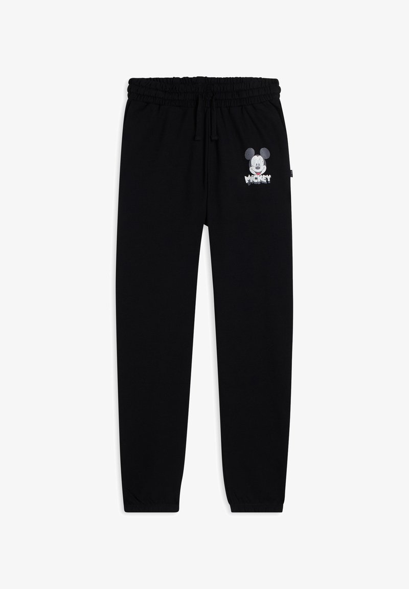 Pantalones deportivos negros con cintura elástica, decorados con un gráfico de Mickey Mouse en gris y texto. Tela suave, corte ajustado con puños elásticos.