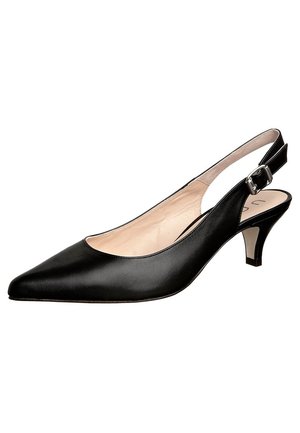 Chaussure slingback en cuir noir avec un bout pointu et un talon bas incurvé. Dotée d'une simple boucle pour l'ajustement et d'une doublure intérieure lisse.