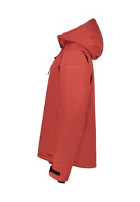 Chaqueta impermeable roja con capucha, que cuenta con bolsillos con cremallera, puños ajustables y una textura suave. La vista lateral resalta su diseño ajustado.