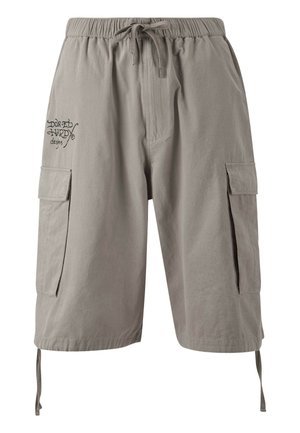 Pantaloni cargo grigi realizzati in tessuto leggero, dotati di vita con cordino, tasche laterali e branding discreto sul davanti.