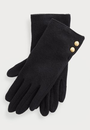 Black wool gloves with two small round gold buttons on the wrist area, displayed overlapped on a white background.