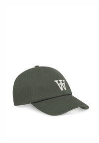 Olijfgroene pet van katoen, voorzien van een gebogen rand, een verstelbare band en een wit geborduurd "W"-logo aan de voorkant.