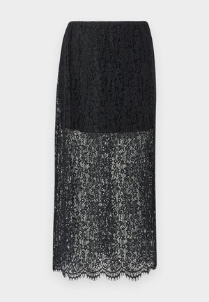 Jupe en dentelle noire à motif floral, partie inférieure semi-transparente, ourlet festonné et taille élastique.