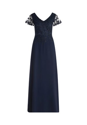 Marineblauwe jurk tot op de grond met korte mouwen van bloemenkant en een lijfje van geborduurd bloemenkant met subtiele kralenaccenten.
