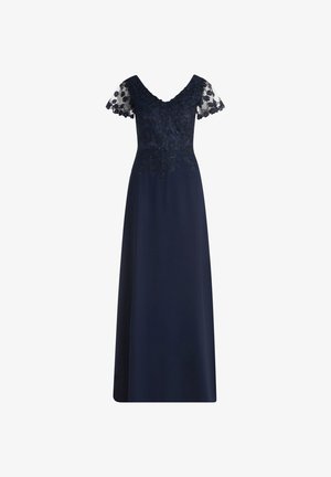 Marineblauwe jurk tot op de grond met korte mouwen van bloemenkant en een lijfje van geborduurd bloemenkant met subtiele kralenaccenten.