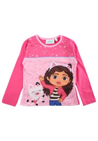 Chemise rose à manches longues avec un dessin animé d'une fille aux cheveux bouclés et un chat. Tissu doux avec motifs d'étoiles et accents rayés.