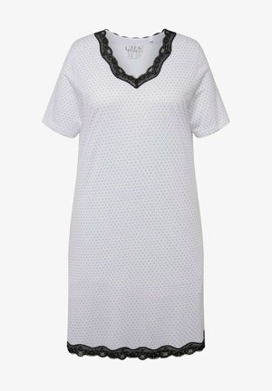 Witte nachthemden met korte mouwen, zwarte stippen en een decoratieve zwarte kantafwerking op de halslijn en zoom.
