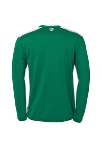 Groen sportshirt met lange mouwen en witte accenten op de schouders. Heeft een ronde hals en een gladde, lichte stoftextuur.