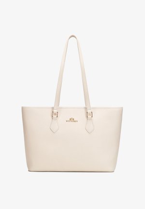 Krémově zbarvená texturovaná kožená taška přes rameno se dvěma dlouhými uchy a zlatým logem „WITTCHEN“ uprostřed přední strany.