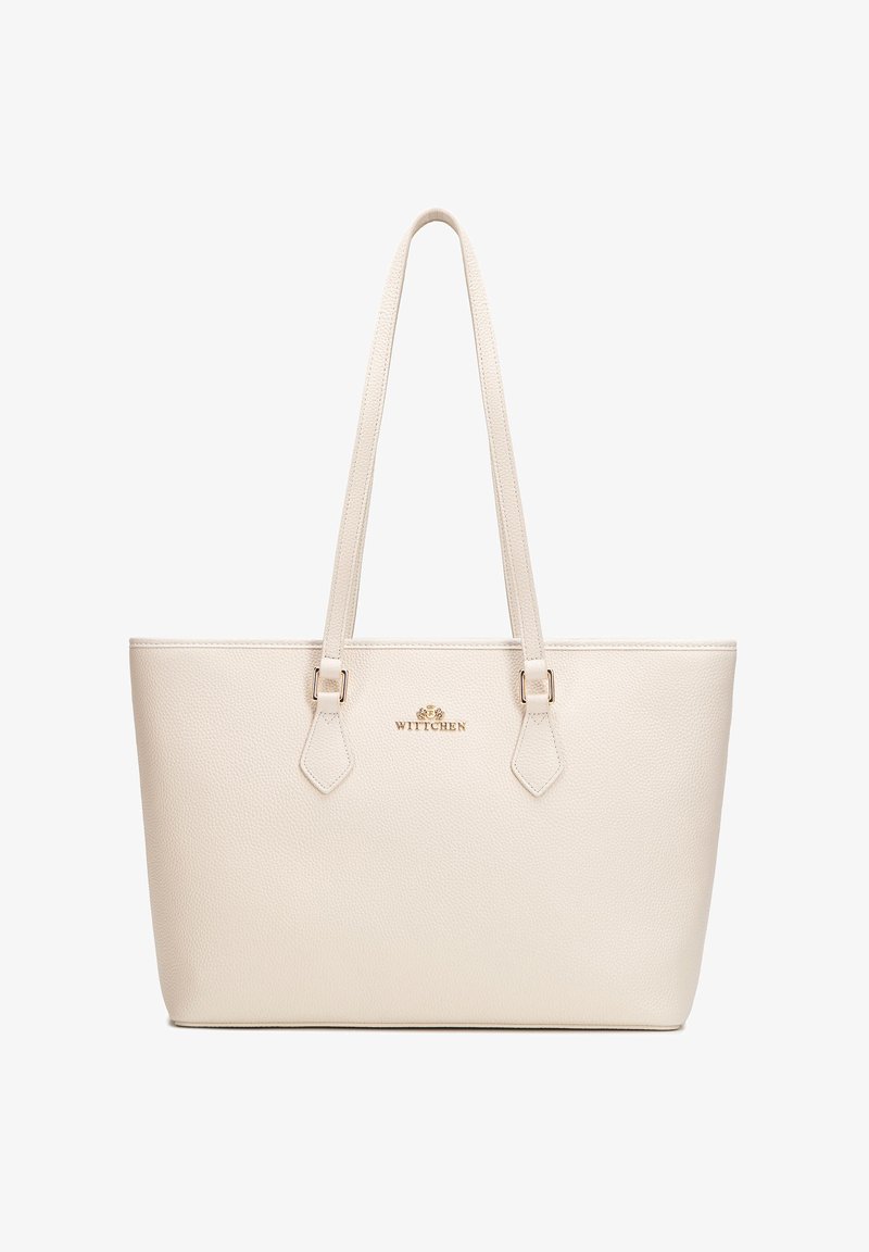 Cream-colored textured leather tote bag with two long handles and gold "WITTCHEN" logo on the front center.