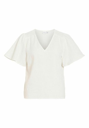 Blouse blanche à manches courtes avec col en V, manches flottantes amples et détails froncés aux épaules.