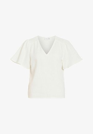 Blouse blanche à manches courtes avec col en V, manches flottantes amples et détails froncés aux épaules.