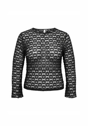 Top negro de encaje transparente con mangas largas, escote redondo y bordes festoneados, con un patrón floral repetitivo en toda la tela.